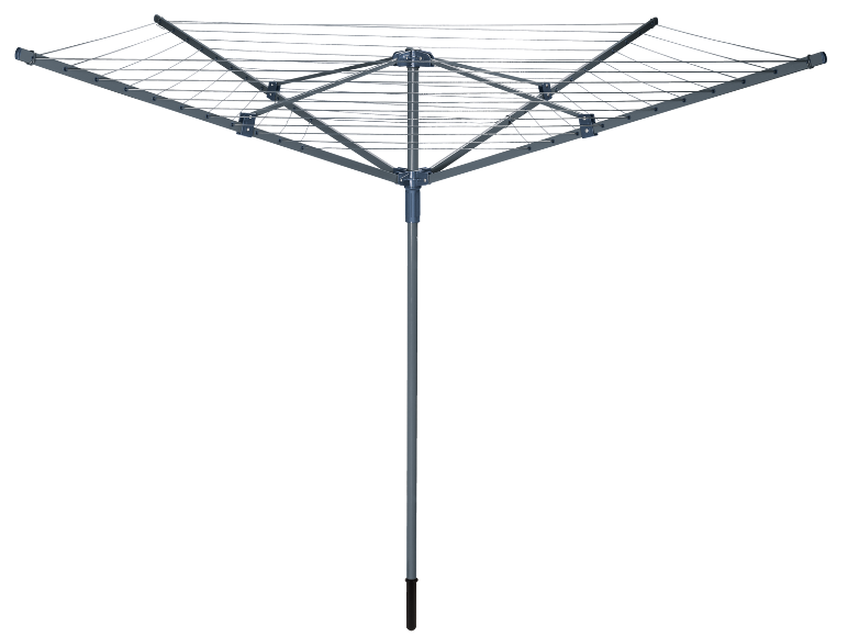 Rotary clothes dryer with metal poles and lines for drying laundry.