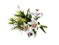Bouquet of white lilies with green buds and red stamens.