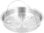 Metal steamer basket with handles, with a perforated bottom for steaming.