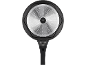 Bottom of a frying pan with an induction base and a black handle.