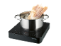 Spaghetti cooking in a pot on a portable induction hob.