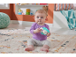 Baby sitting on a rug, holding a hedgehog rattle.
