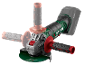 Cordless angle grinder with battery and three handles in green, grey, and red.