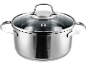 Stainless steel pot with glass lid, marked with 0.5 L and 1.0 L.
