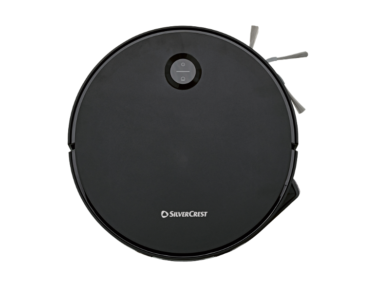 Round black robotic vacuum cleaner with power and home buttons, and side brushes.
