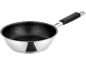 Silver frying pan with black non-stick coating and black handle.