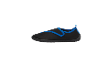 Black water shoes with blue detailing, side view.