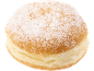 Sugared doughnut with powdered sugar on a black background.