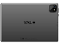 Dark gray tablet with a camera, side buttons, and informational text on the back.