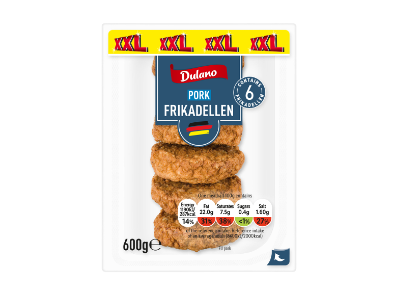 XXL pork frikadellen, 6 pieces in a pack, 600g, with nutritional information.