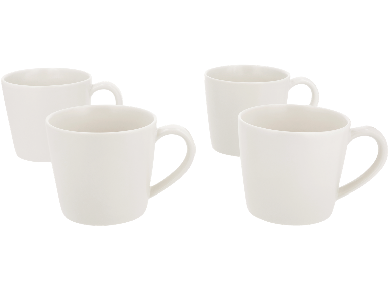Four white ceramic mugs on a black background.