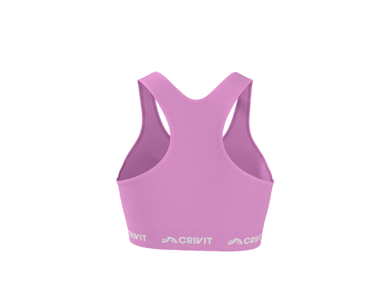 Pink sports top with a racerback and an elastic band with text.