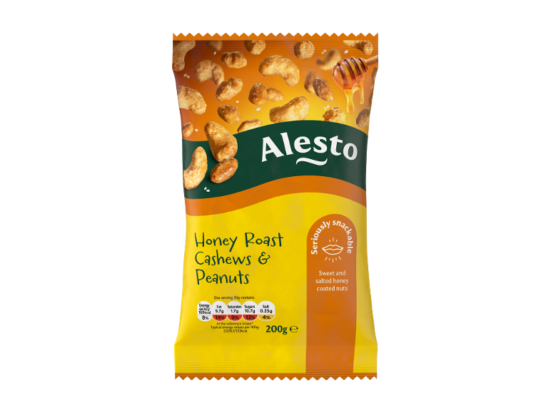Honey roast cashews and peanuts, with nutritional information on the packaging.