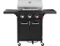 Black gas grill with a silver lid and three control knobs