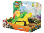 Yellow and green construction toy with a cartoon character, dinosaur themed.