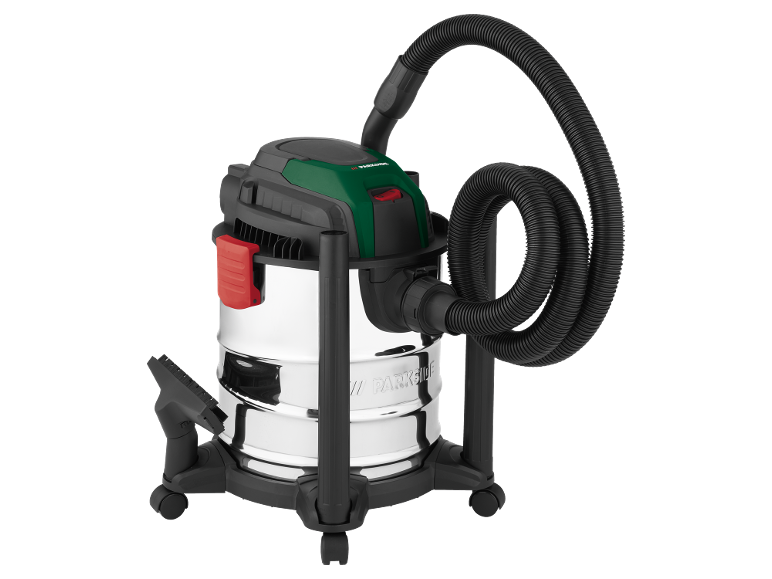 Wet and dry vacuum cleaner with a stainless steel tank and hose
