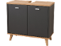 Bathroom cabinet with two dark grey doors, a wooden top, and wooden legs
