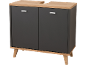 Bathroom vanity unit with basin, dark grey cabinet with doors and light wood legs.