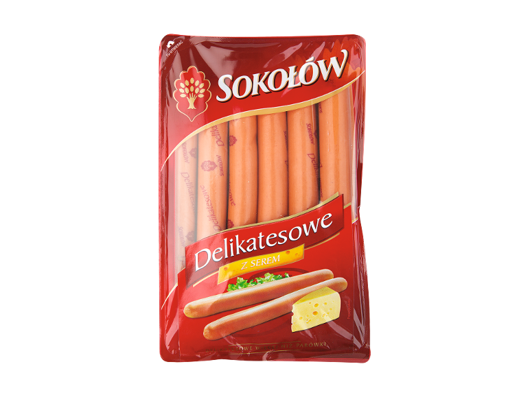Pack of delicatessen sausages with cheese, featuring a red and gold label.