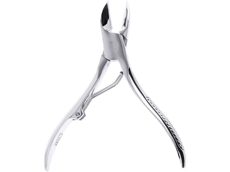 Silver nail nippers with a spring and textured handle.