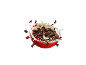 Bowl of bone-shaped chocolate cereal with a milk splash.