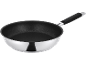 Silver-colored frying pan with black non-stick coating and black handle.