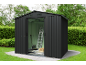 Black metal garden shed with sliding door, shovel, boots, and ladder inside.