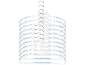 Stack of 11 white clothes hangers with metal hooks and blue non-slip details