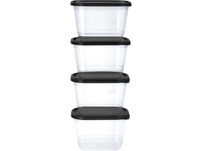 Stack of four clear rectangular food containers with black lids.