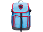 Blue children's backpack with red trim and paw emblem.