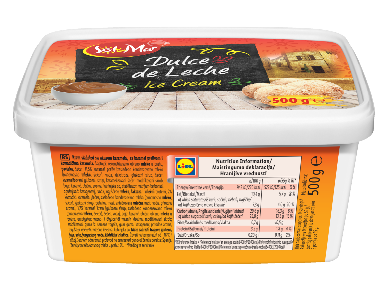Caramel flavored ice cream with caramel sauce and caramel pieces, 500g pack.