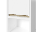 White furniture with a light wooden shelf and an open compartment.