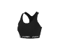 Black sports bra with an elastic band featuring white text.