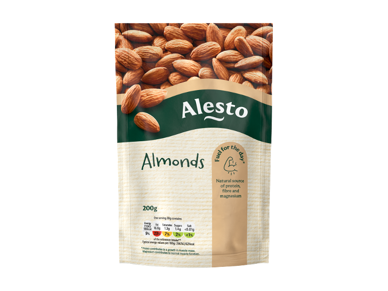 Brown packaging of almonds, displaying nutritional information and the text 'Fuel for the day'.