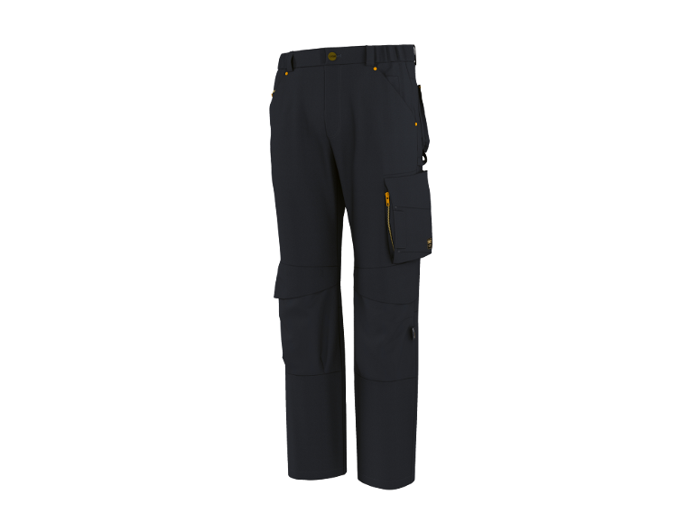Dark grey work trousers with yellow accents and multiple pockets