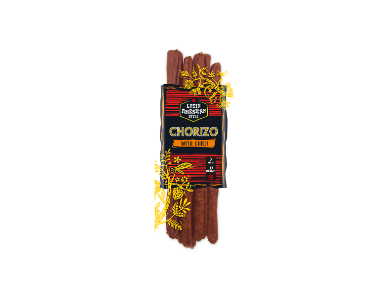 Latin American style chorizo with chilli sausages, packaged