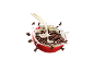 Chocolate bone-shaped cereal with milk splashing in a red bowl.