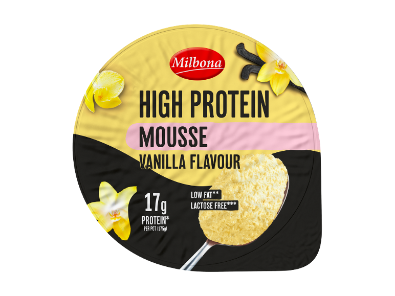 High protein vanilla mousse, 17g protein per pot, low fat, lactose free.