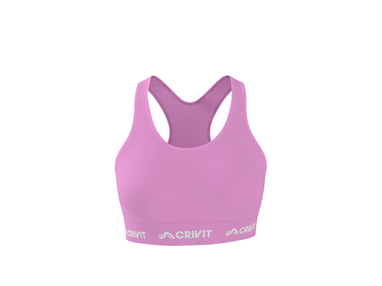 Pink sports bra with a white striped design on the bottom band.