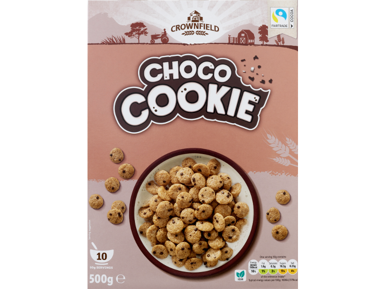 Choco Cookie cereal box with a bowl of cereal and nutritional information.