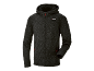 Dark grey knitted hooded jacket with a zipper and red details.