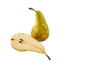 Whole pear and a half-cut pear, revealing the seeds, on a black background.