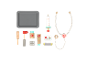 Wooden toy doctor kit with a tray, syringe, stethoscope, and other medical tools.