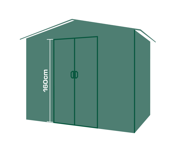 Shed dimensions: 246cm x 163cm x 195cm/166cm, door 95cm x 160cm, base 226cm x 152cm.