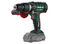 Cordless drill with an auxiliary handle and battery.