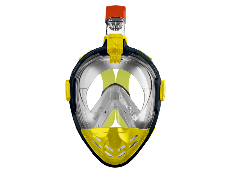 Yellow and black full-face snorkeling mask with a red snorkel.