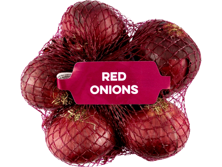 Red onions in a net with a label that reads 'RED ONIONS'.