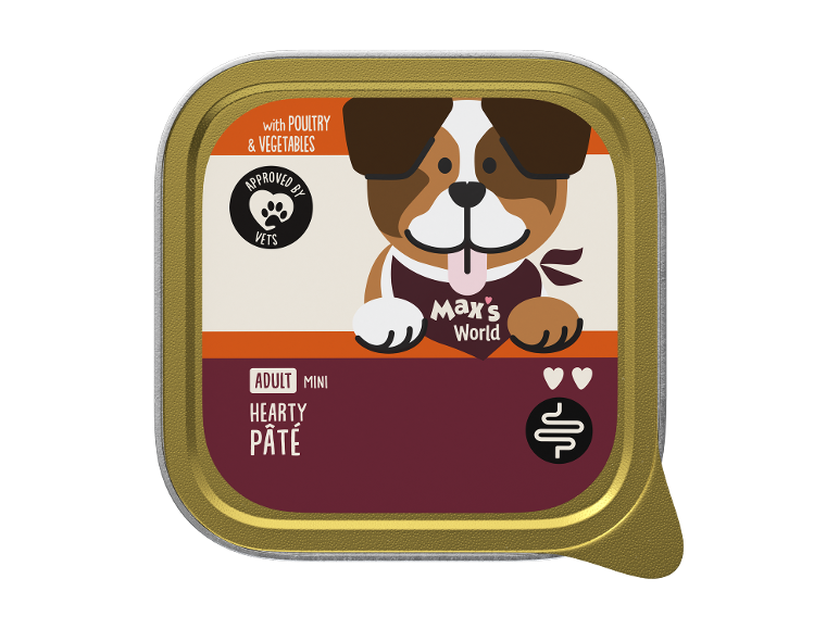 Dog food packaging with poultry and vegetables, approved by vets.