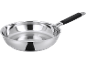 Stainless steel saucepan with a black handle on a black background