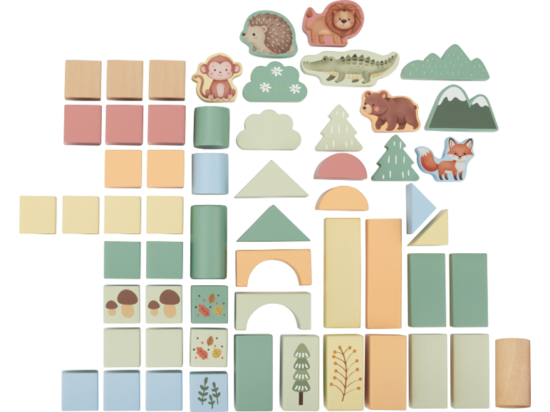 Wooden blocks and figures with animal and nature motifs in pastel colors.